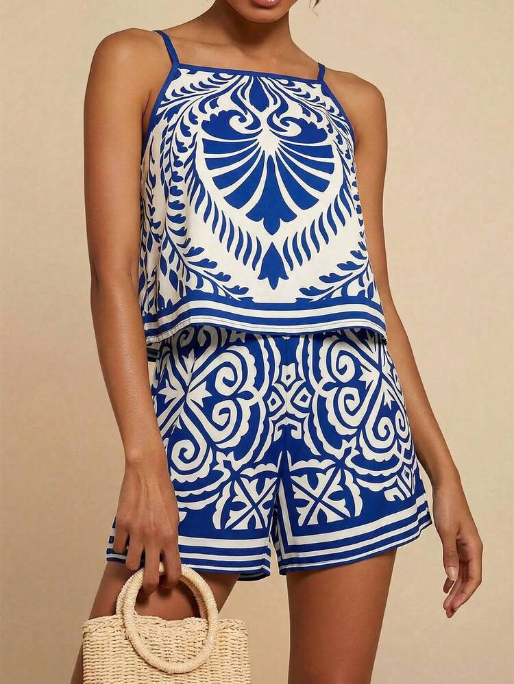 Travachic Women's Holiday Plant Print Camisole And Shorts 2 Piece Set, Casual Terno Summer Beach Outfit, Party Vacation Wedding Guest Birthday Suit, Elegant Floral Boho Mexican Style Clothing | SHEIN