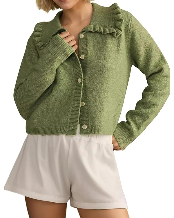 MISSACTIVER Women Ruffle Collar Cropped Cardigan Casual Lapel Button Down Sweaters Long Sleeve Op... | Amazon (US)