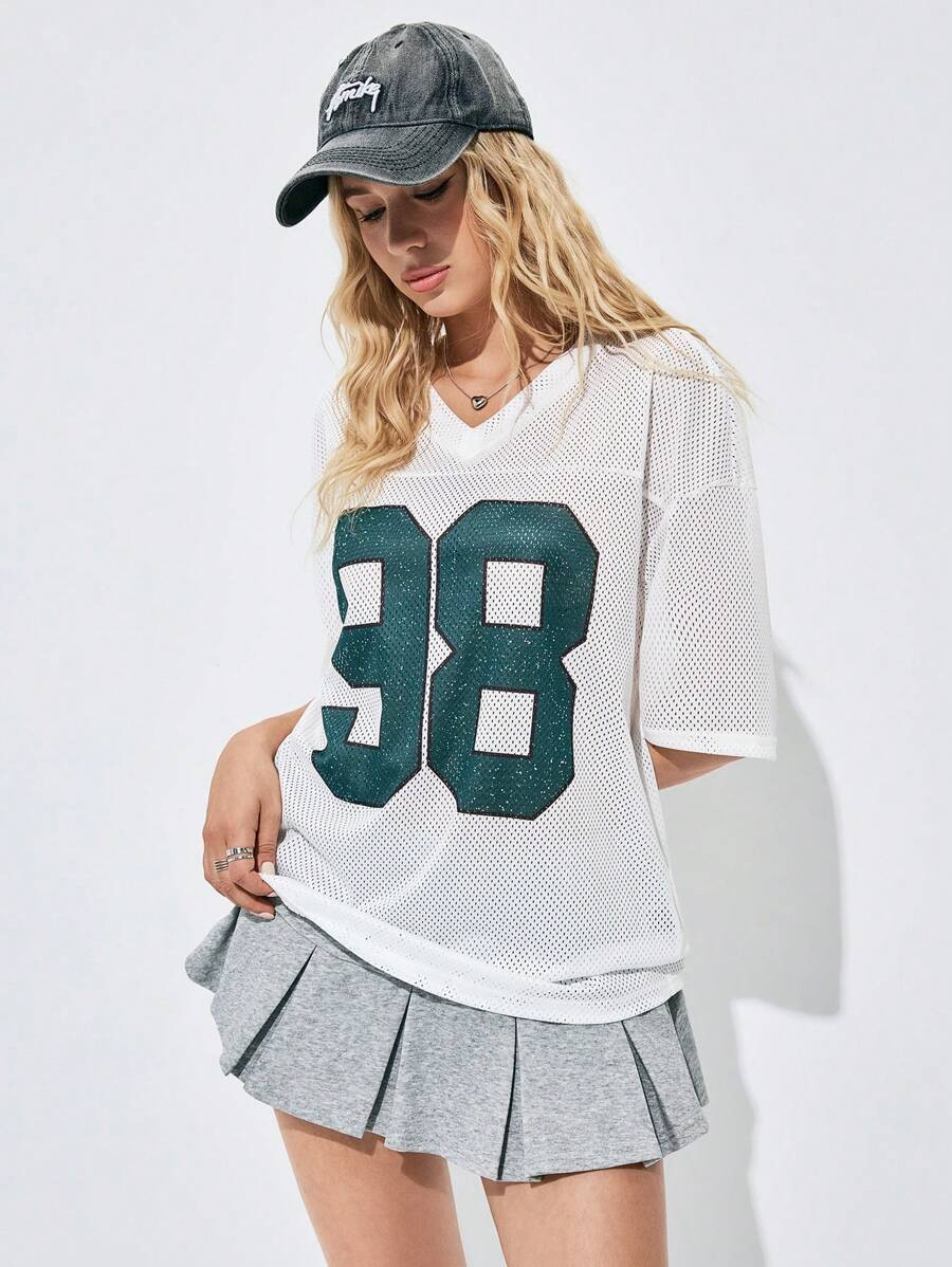 SHEIN TRNDY Women's Oversized Mesh Baseball Jersey Tee Shir With Letter Print Graphic Tees Women ... | SHEIN