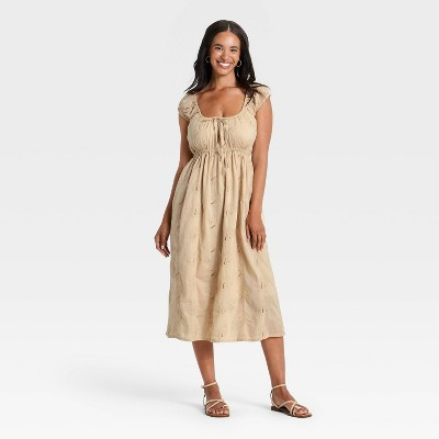 Women's Cap Sleeve Eyelet Midi Sundress - Universal Thread™ Tan XL | Target