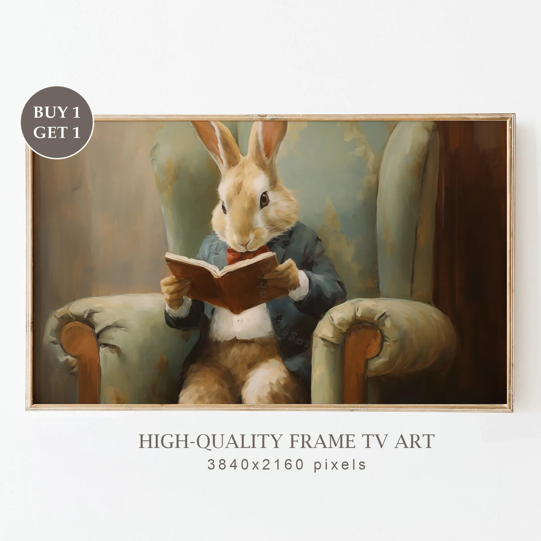 Easter Samsung Frame TV Art, Easter Bunny Reading a Book Oil Painting, Spring Farmhouse Decor, Co... | Etsy (US)