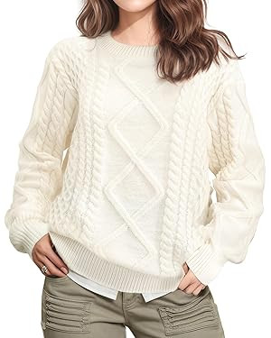 Pleneal Women Sweater Vintage Pullover Cable Knit Sweater Unisex Woven Crewneck Knitted Tops Beig... | Amazon (US)