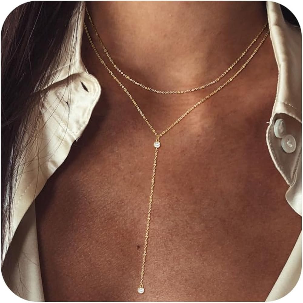 Lariat Gold Necklace for Women, 14k Gold Plated Dainty Long Layered Y Necklaces CZ Pendant Choker... | Amazon (US)