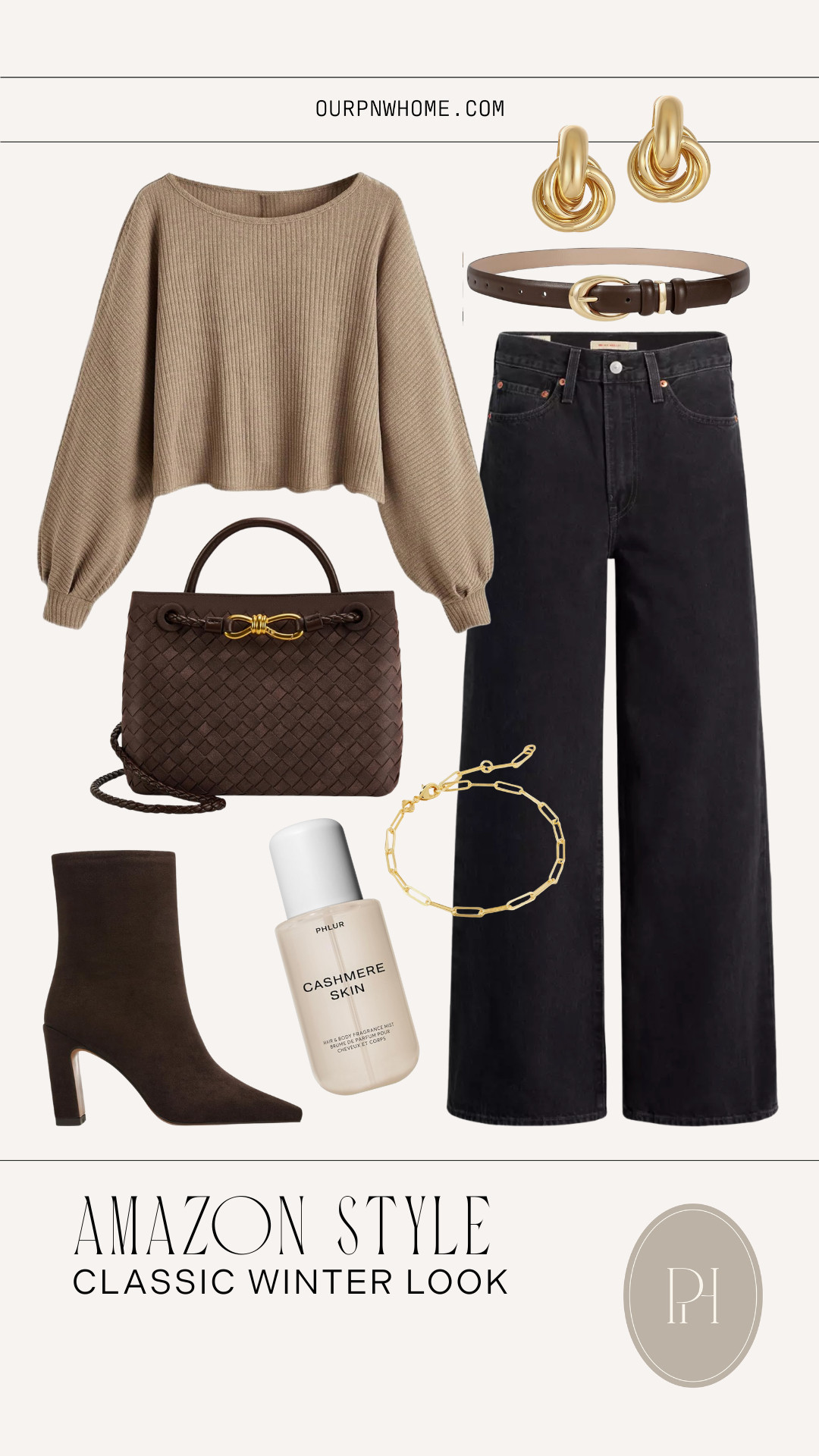Loving these Amazon finds for a classic winter look!

black jeans, black denim, wide leg denim, wide leg jeans, flared jeans, brown belt, gold earrings, brown handbag, winter outfit, winter fashion winter style, winter look, chocolate brown handbag, purse, brown boots, booties, high heeled boots, ankle boots, gold bracelet, link bracelet, body spray, women's fragrance 

 #LTKgrwm #LTKootd #LTKWorkwear