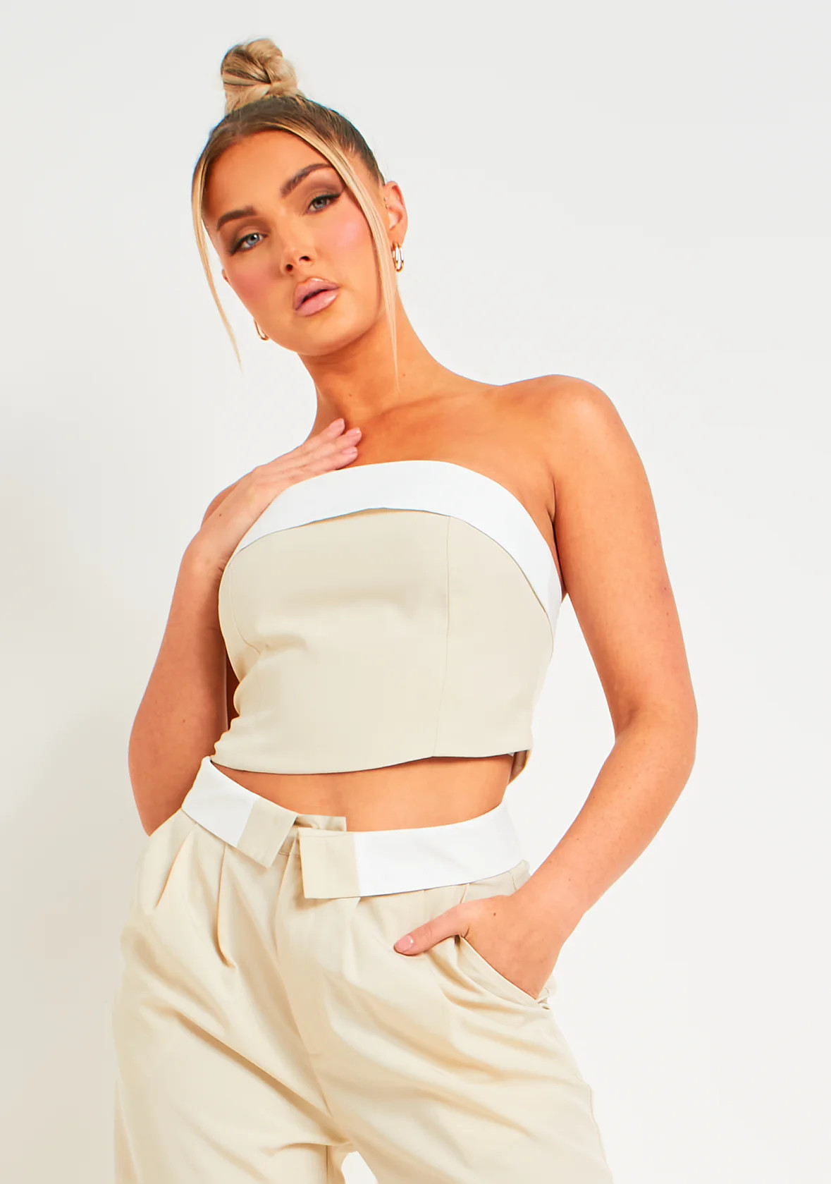 Kaysie Beige Fold Over Bandeau Top | Missy Empire (UK)
