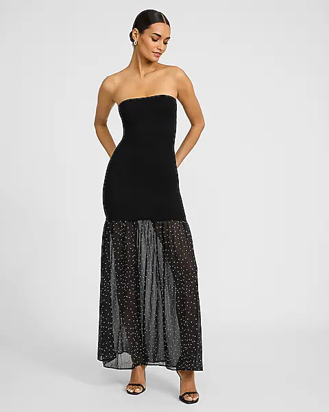Strapless Mixed Media Polka Dot Tulle Maxi Dress | Express