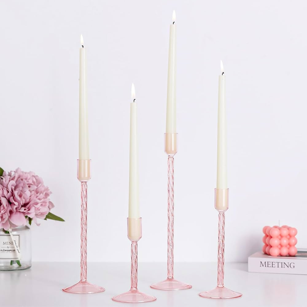 Hewory Glass Taper Candle Holders: 4 Pcs Pink Vintage Candlestick Holders Tall Candle Sticks Hold... | Amazon (US)
