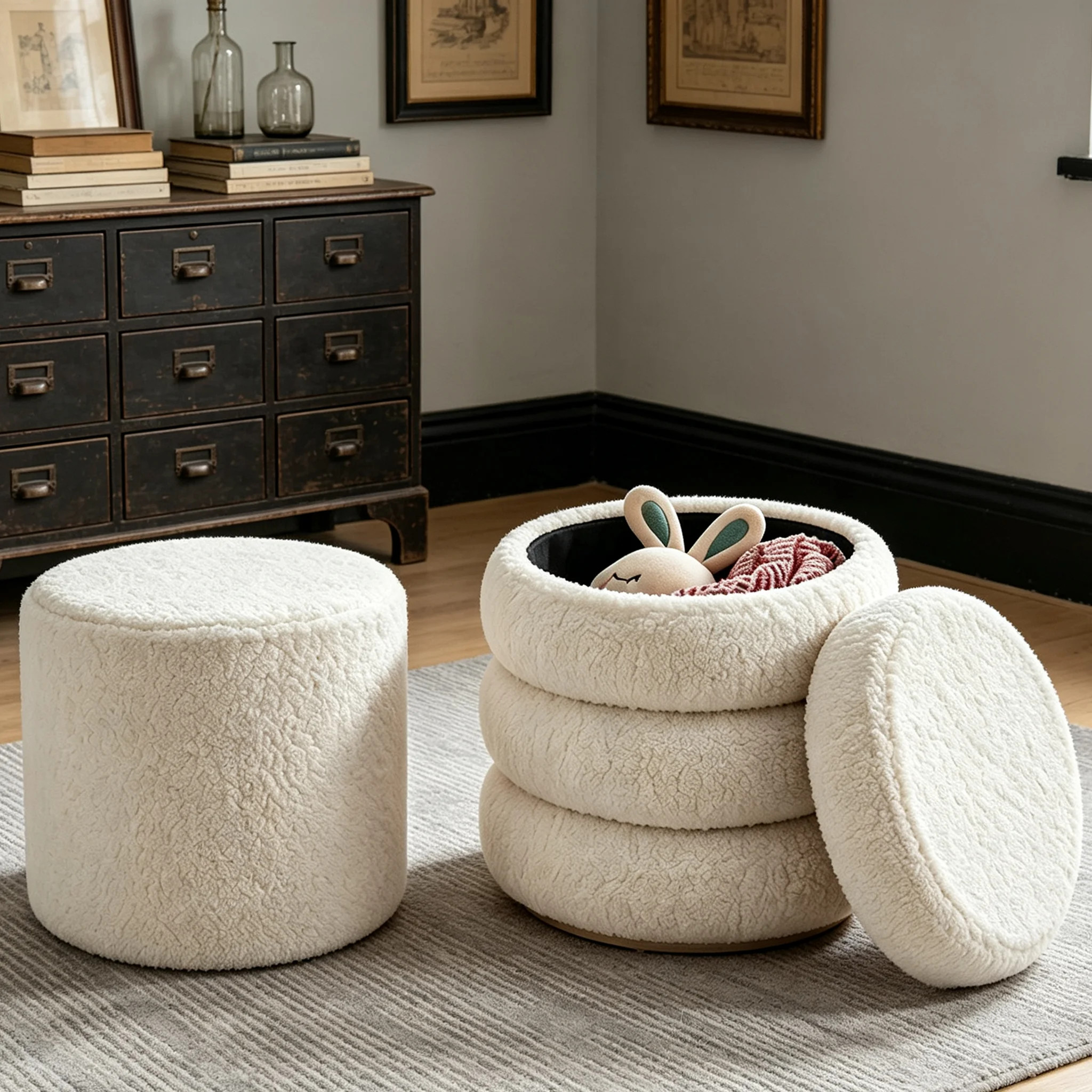 Round Storage Ottoman Set of 2, Boucle Upholstered Ottoman with Removable Lid, Modern Vanity Stool Foot Rest for Living Room Bedroom | Wayfair North America