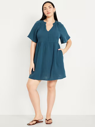 Split-Neck Crinkle Gauze Mini Swing Dress | Old Navy (US)