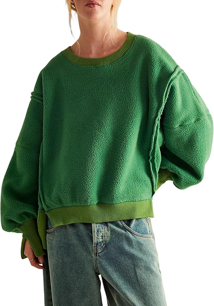Women's Fleece Sweatshirt Cozy Crewneck Pullover Long Sleeve Oversized Workout Fall Top | Amazon (US)