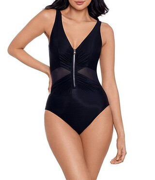 Miraclesuit Network News Vive Solid Mesh Front Zip V-Neck Shaping One Piece Swimsuit | Dillard's | Dillard's