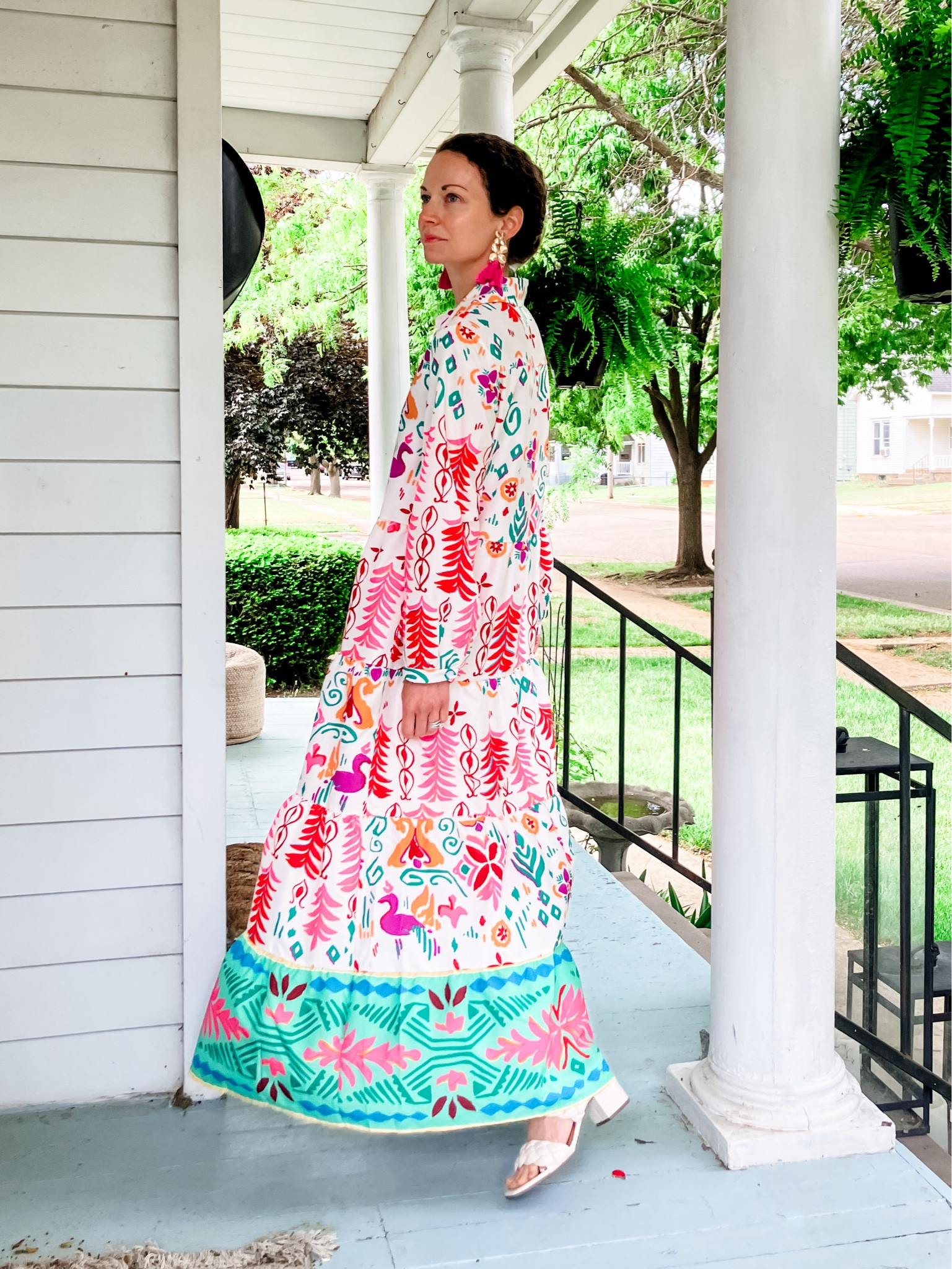 A colorful maxi dress for church!
Dress is from Chicwish. 
Earrings are old from Lilly Pulitzer, linking similar. 
White heeled sandals are old, linking similar. 
Petite outfit. Summer dress. Modest dress. Church outfit  

#LTKOver40 #LTKdayinmylife #LTKootd