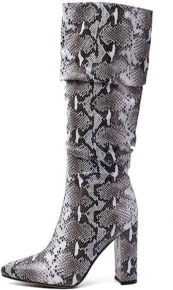 wetkiss Colorful Snakeskin Boots Mid-Calf Boots Thick High Heels Pointed Toe Zipper Slouch Boots ... | Amazon (US)