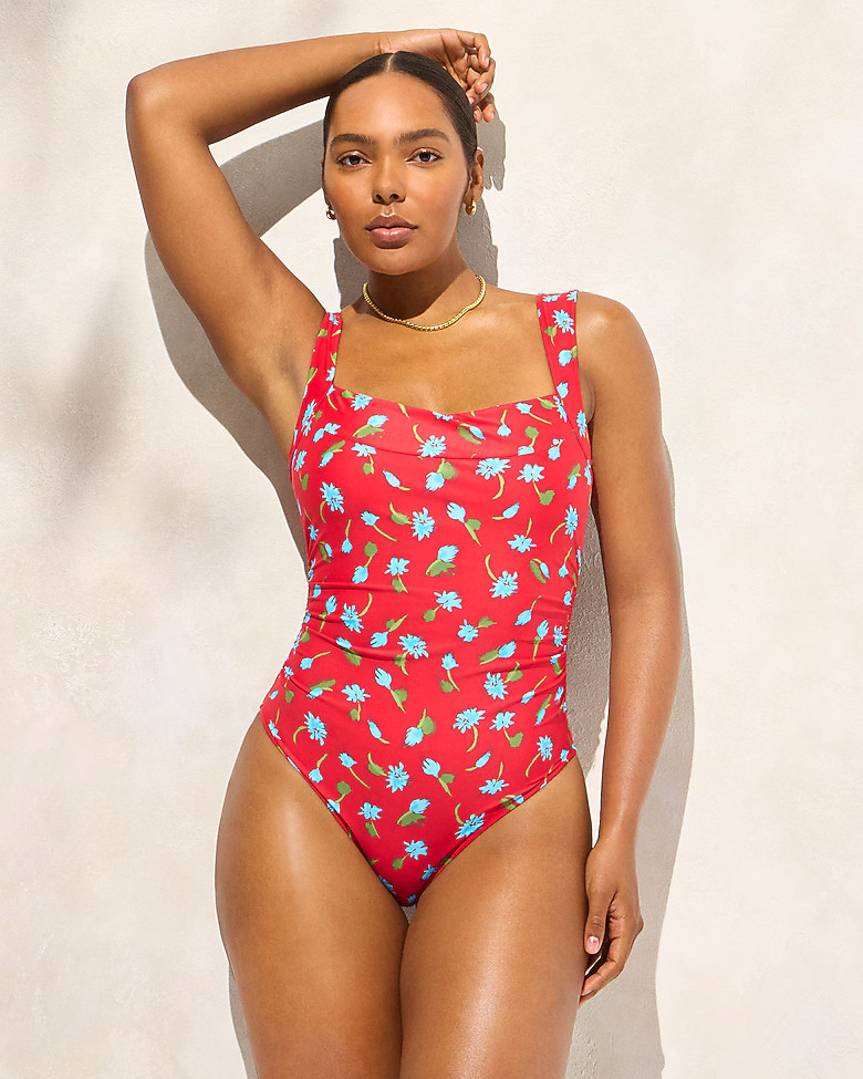 Nia ruched squareneck one-piece in brushed daisy print | J. Crew US