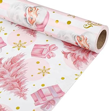 KIMOBER Reversible Christmas Wrapping Paper Roll,17in × 33 Feet Pink Paper with Santa and Christ... | Amazon (US)