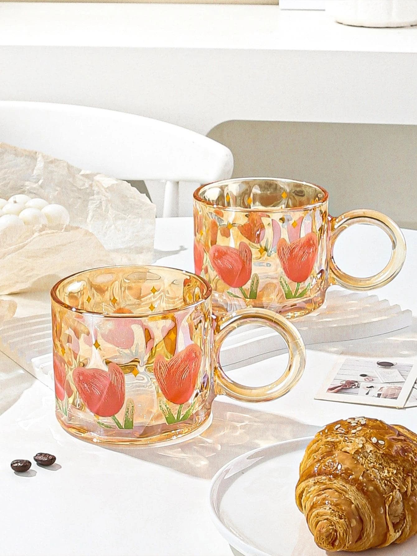 1pc Glass Mug, Cute Tulip Pattern Clear Multi-purpose Mug For Home | SHEIN