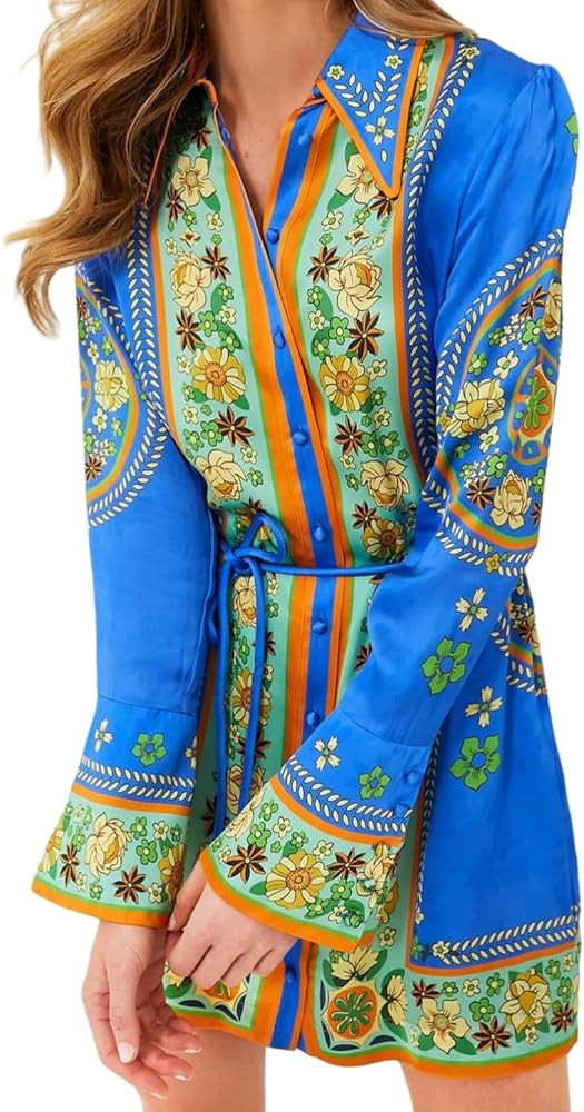 Cresay Women's Long Puff Sleeve A-Line Loose Button Sexy Nightclub Party Blouse Dress Baroque | Amazon (US)