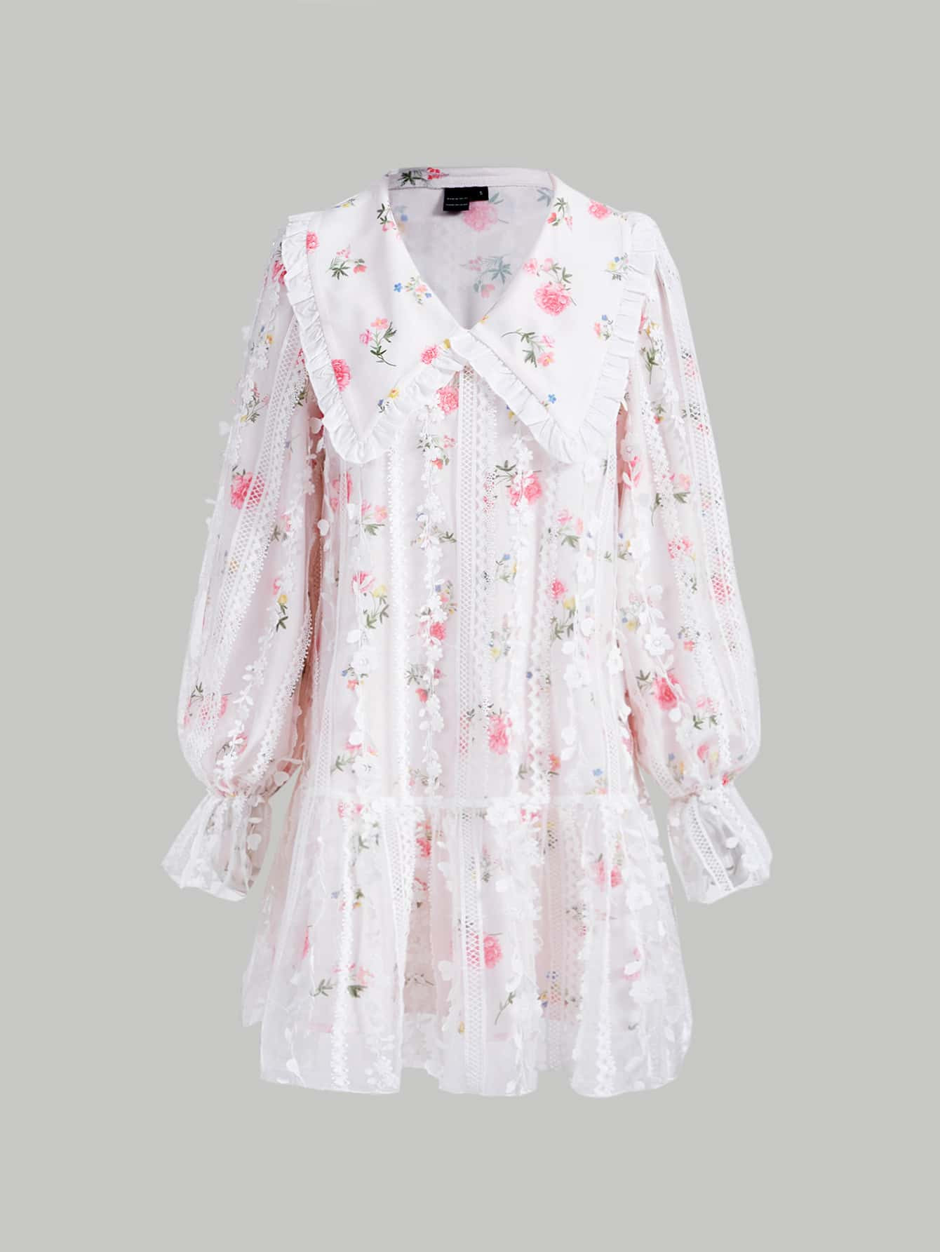 SHEIN MOD Floral Print Frill Trim Flounce Sleeve Lace Dress | SHEIN