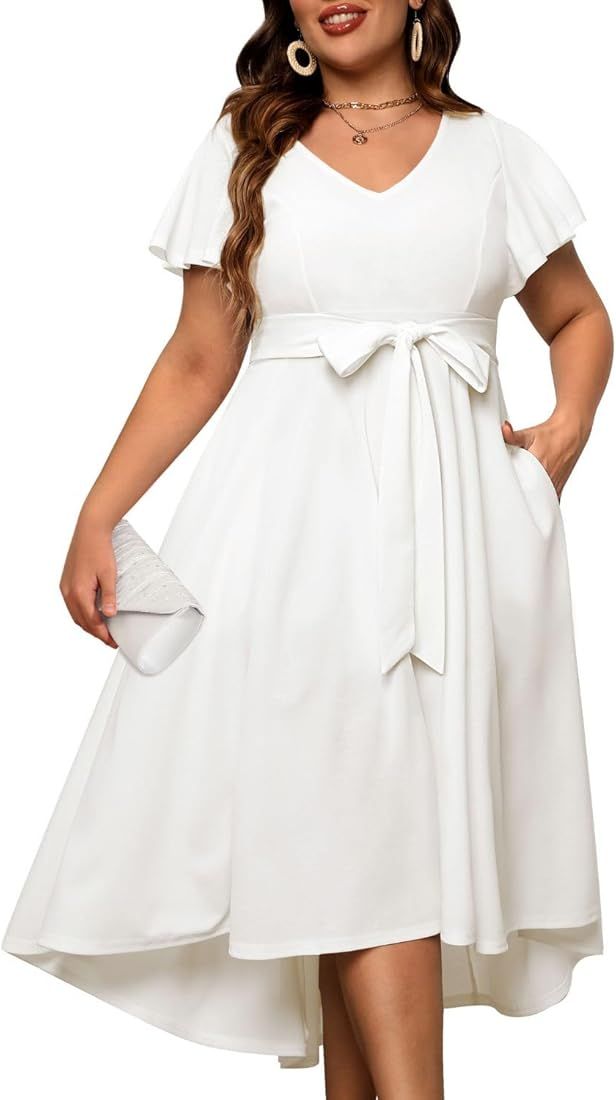 Women's Plus Size High Low Flutter Sleeves Wedding Guest Semi Formal Maxi Long Dress with Pockets | Amazon (US)
