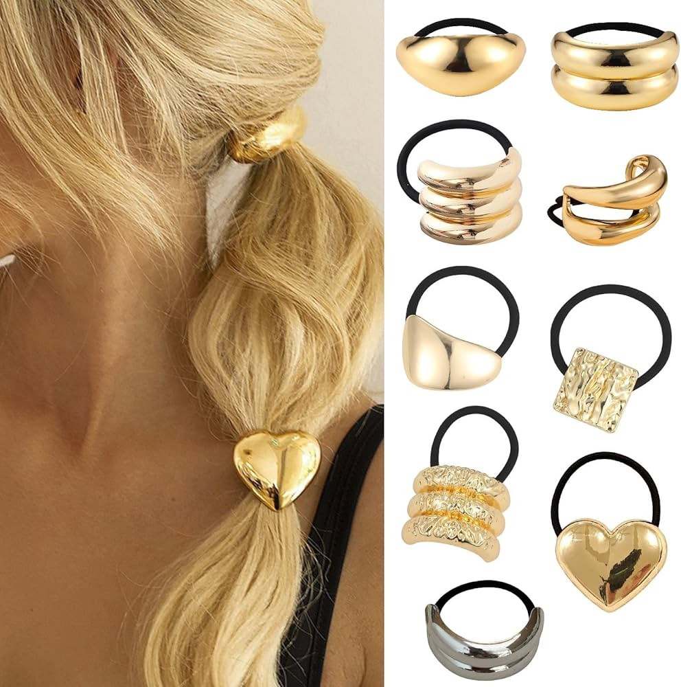 papasgix 9 PCS Metal Hair Ties, Metal Geometric Elastic Hair Ties, Gold Hair Cuff Wrap Hair Ties ... | Amazon (US)