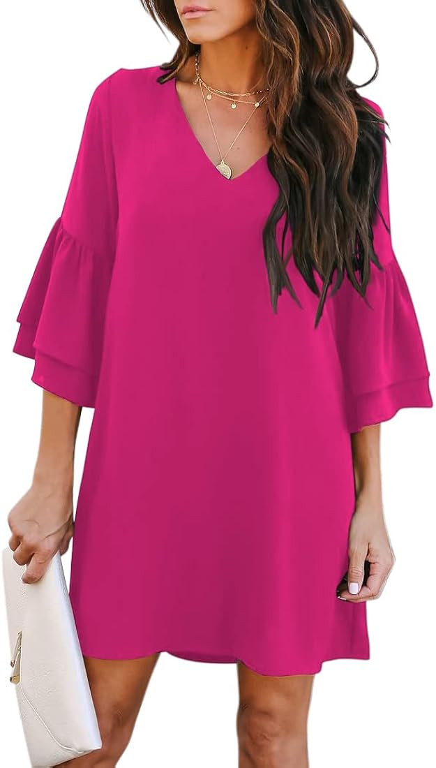 BELONGSCI Women's 2023 Summer Dress Sweet & Cute V-Neck Bell Sleeve Shift Dress Mini Dress, Perfe... | Amazon (US)