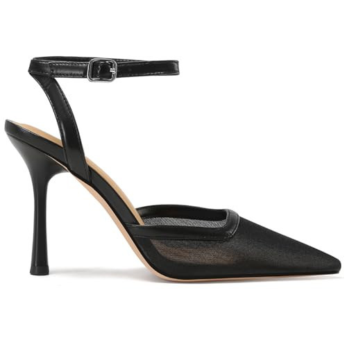 SUIARA Black Mesh Closed Toe Ankle Strap Heels for Women Pointed Toe High Heels Stiletto Party Wedding Dress Shoes | Amazon (US)