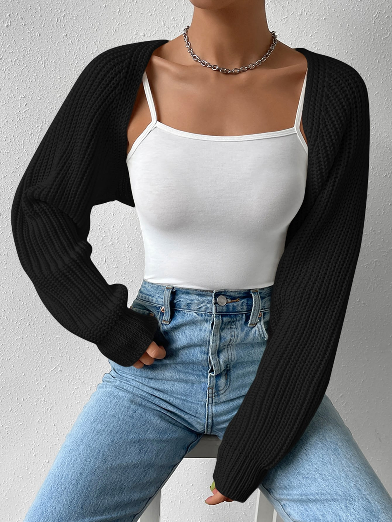 SHEIN EZwear Women's Black Casual 1pc Ribbed Knit Batwing Sleeve Shrug Cardigan | SHEIN