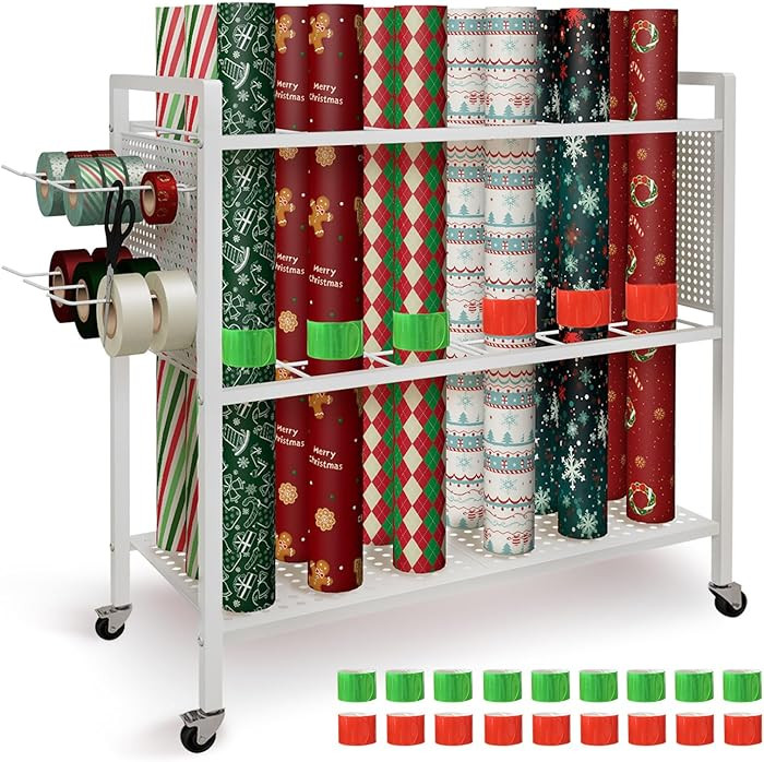 Wrapping Paper Organizer Storage Cart with 18 Slap Bands, Rolling Gift Wrap Station with Ribbon H... | Amazon (US)