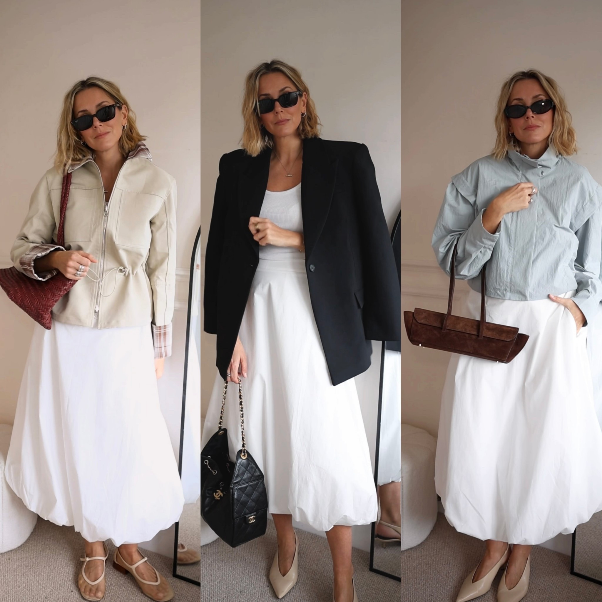 White skirt outfits, black blazer, 90’s outfit, spring outfit, technical jacket, trench coat, basket bag 

#LTKeurope #LTKuk #LTKspring