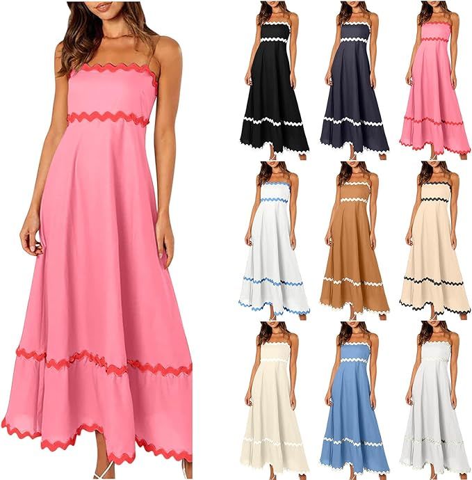 Dresses for Women 2024 Cute Spaghetti Straps Midi Dress Wave Bending Trim Slip Dresses Boho Flowy... | Amazon (US)