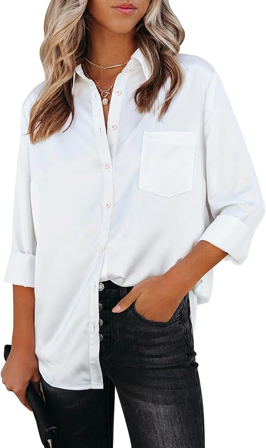 Womens Button Down Shirts Dress Shirts Long Sleeve Collared Blouses V Neck Work Office Tunic Chif... | Amazon (US)