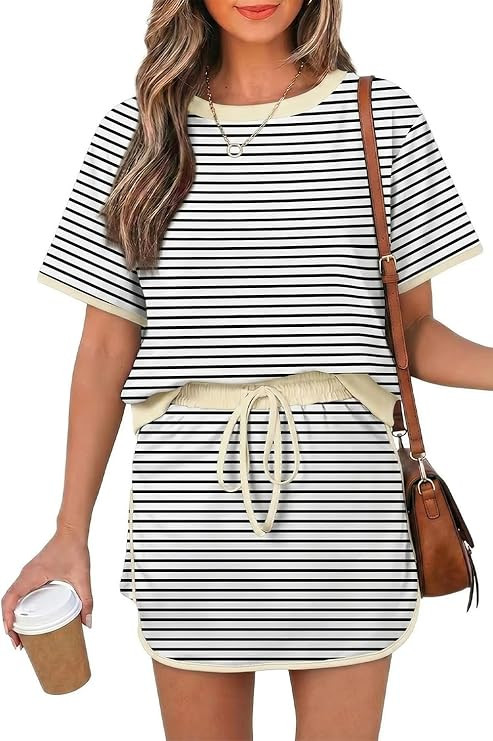 Opemiby Womens 2 Piece Skort Set 2026 Color Block Short Sleeve Top Drawstring Skort Matching Sets... | Amazon (US)