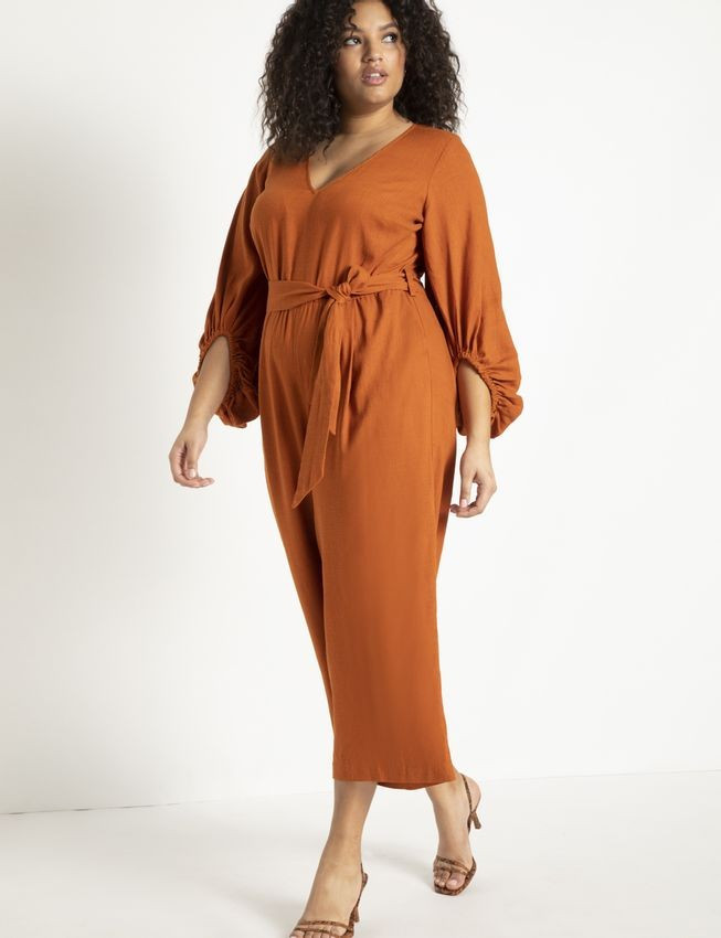 Puff Sleeve Linen Jumpsuit | Women's Plus Size Dresses | ELOQUII | Eloquii