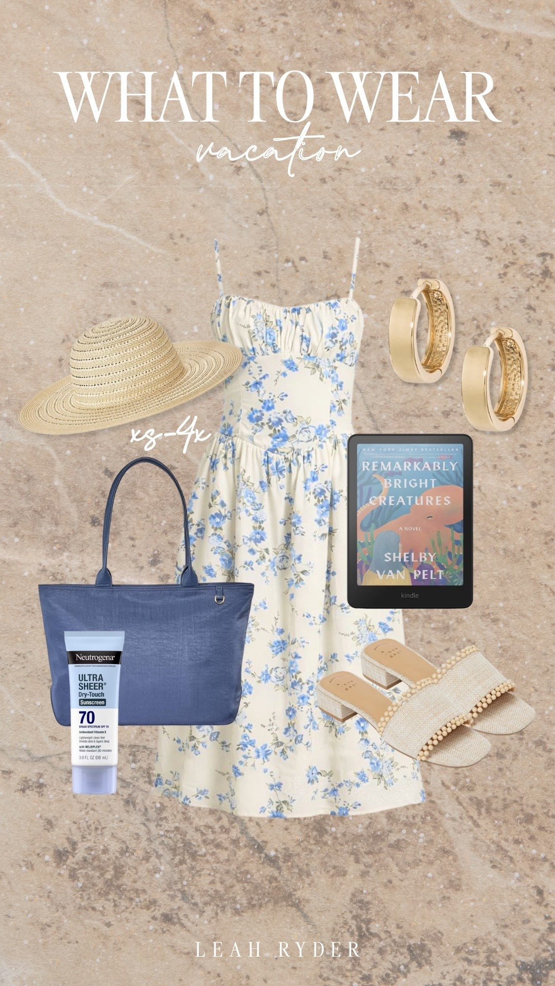 This vacation outfit features a breezy floral sundress styled with warm-weather travel essentials. The look includes comfortable slide sandals, a straw sun hat, and gold hoop earrings for an easy vacation-ready outfit. A roomy tote bag, sunscreen, and a Kindle make this a practical yet stylish travel look. Perfect for spring or summer vacations, resort wear, beach trips, or casual sightseeing days.

#LTKTravel #LTKPlusSize