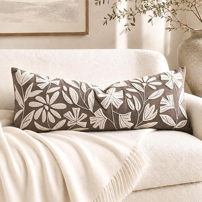 Long Lumbar Pillow Cover 14x36 for Bed, Taupe Brown Floral Tufted Velvet Accent Oversize Throw Pi... | Amazon (US)