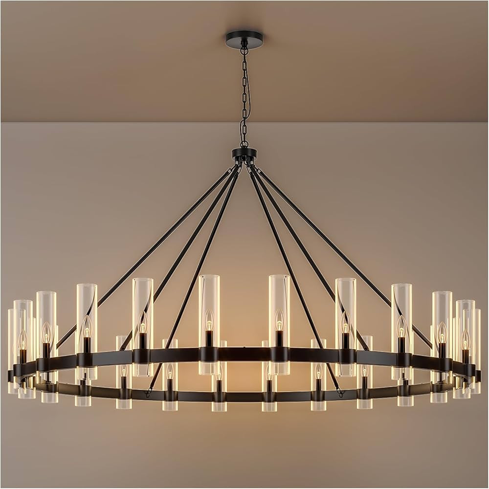 24-Lights Black Wagon Wheel Chandelier Modern Farmhouse with Glass Shade, 70 Inch Large Round Ind... | Amazon (US)