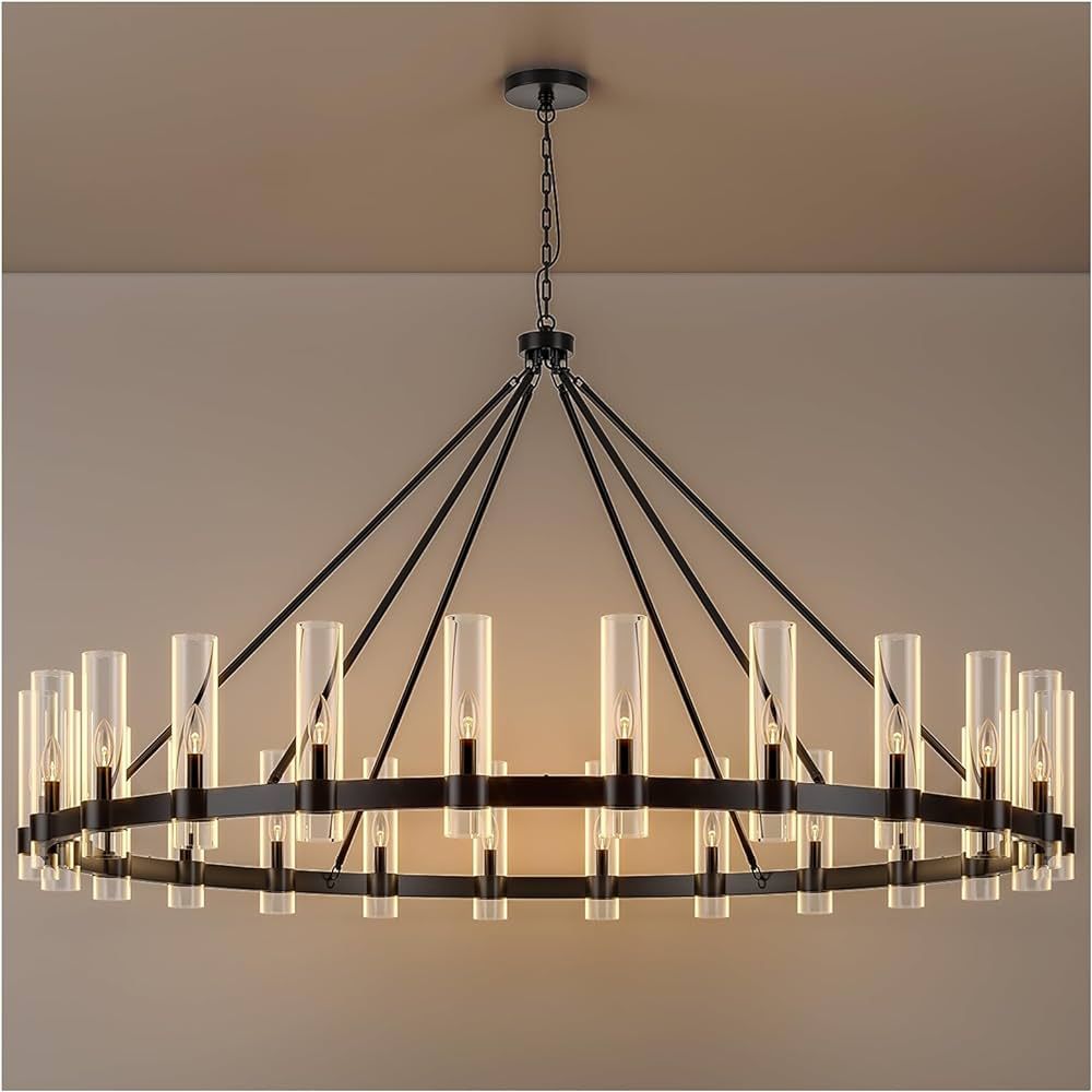 24-Lights Black Wagon Wheel Chandelier Modern Farmhouse with Glass Shade, 70 Inch Large Round Ind... | Amazon (US)