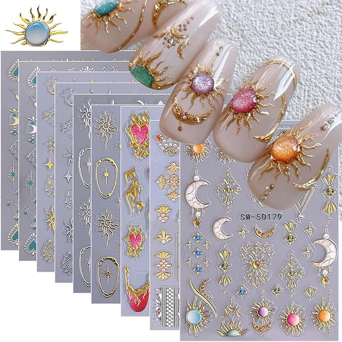 Sun Nail Stickers Decals 9 Sheets Bohemian Style Nail Art Stickers 5D/3D Embossed Self Adhesive M... | Amazon (US)