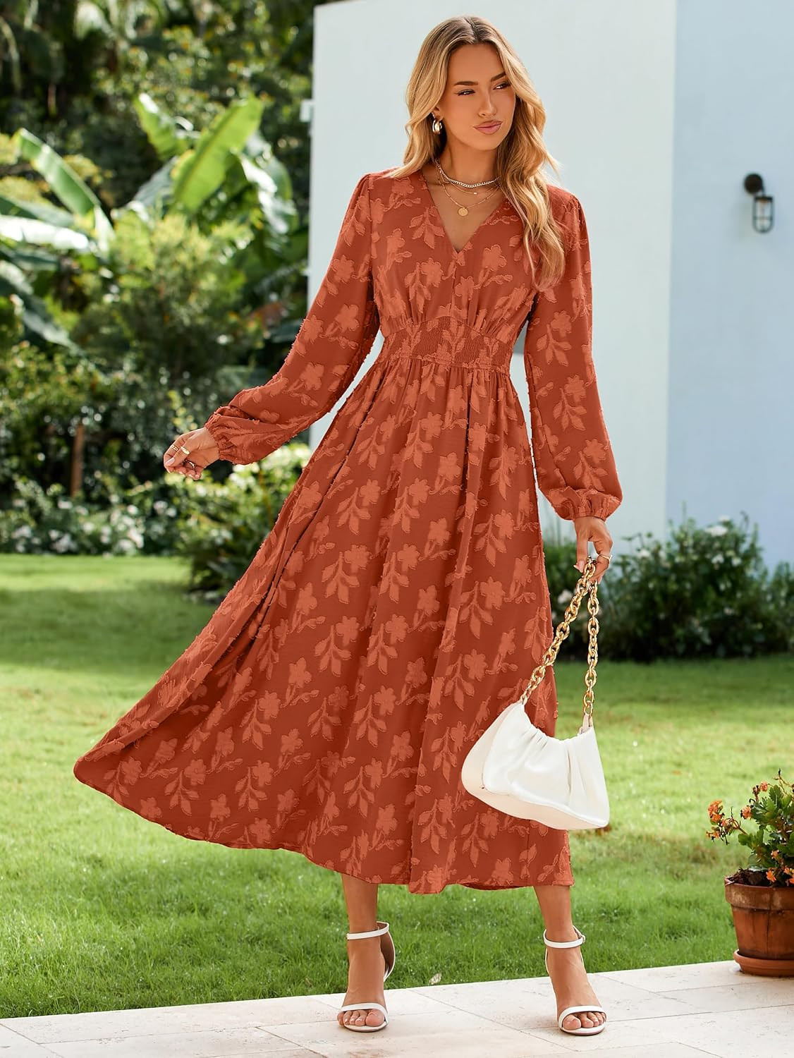 Simplee Womens Boho Floral Long Sleeve Maxi Dress V Neck Empire Waist Fall Wedding Guest Dresses with Pockets | Amazon (US)