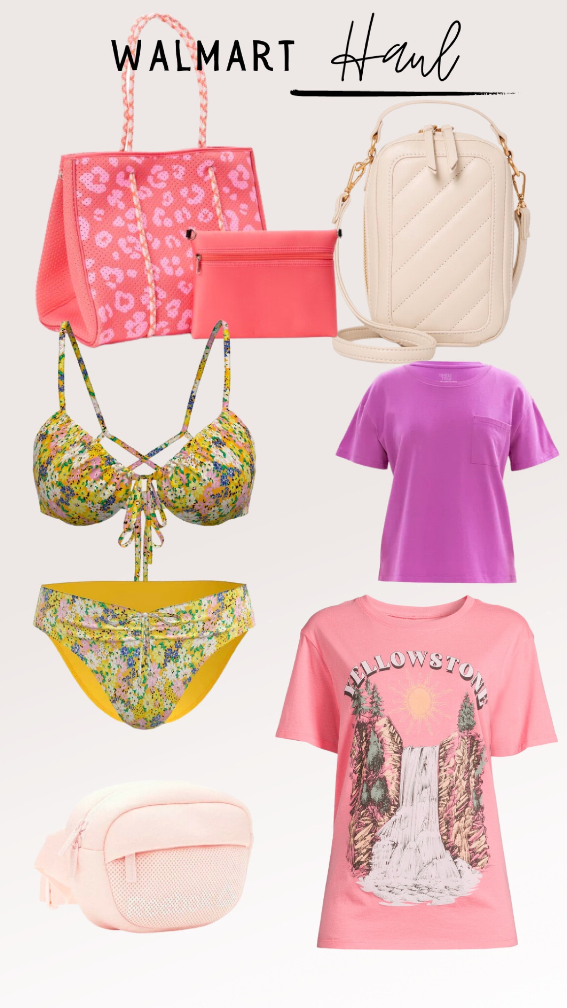 Recent Walmart haul - bikini, Yellowstone tee, swim suit, neoprene tote, beach bag, pool bag, crossbody camera bag, boyfriend tee , belt bag, Reebok 

#LTKitbag #LTKunder50 #LTKswim