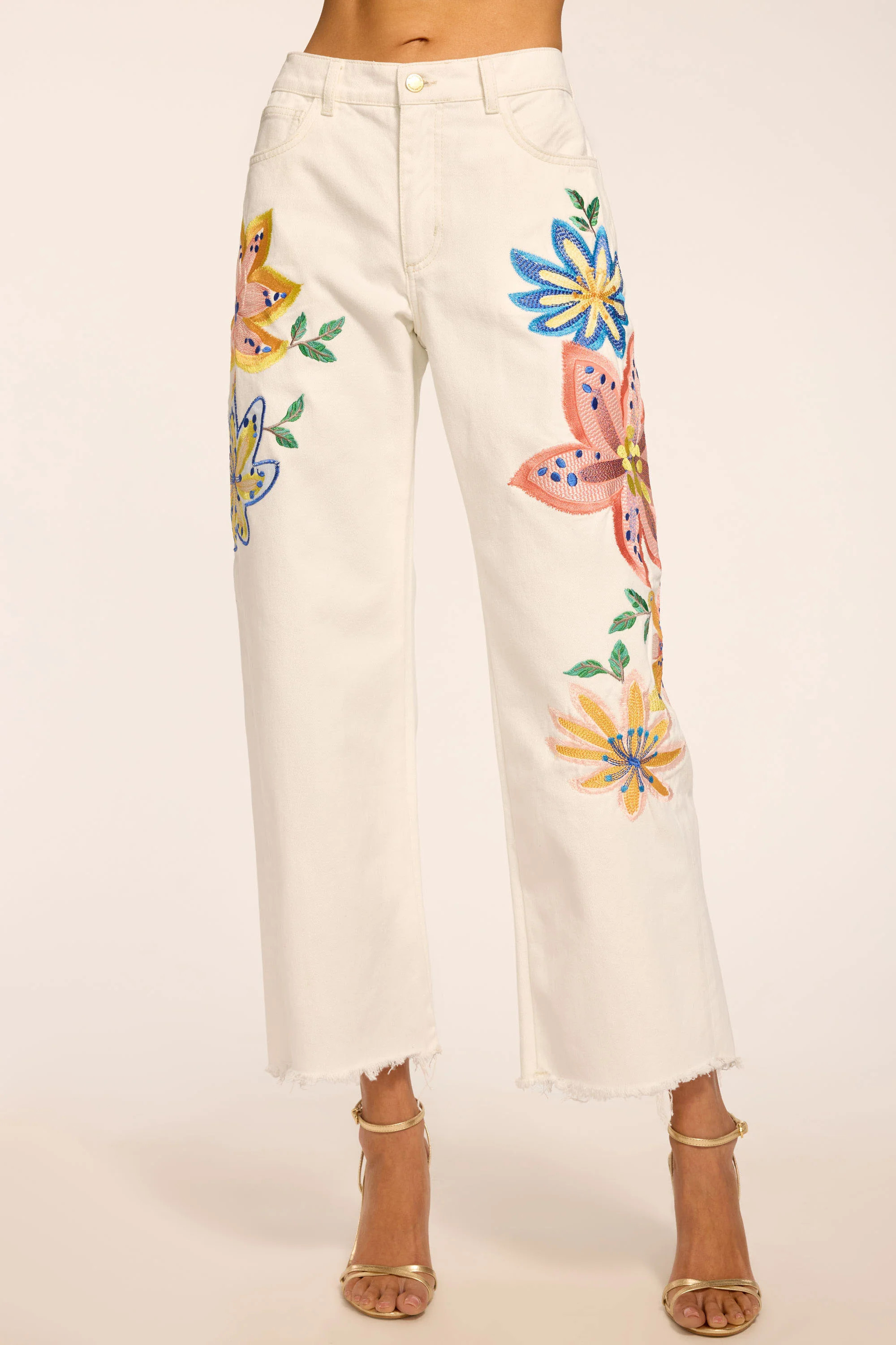 Amber Floral Embroidered Straight Leg Jean in White embroidered | Ramy Brook