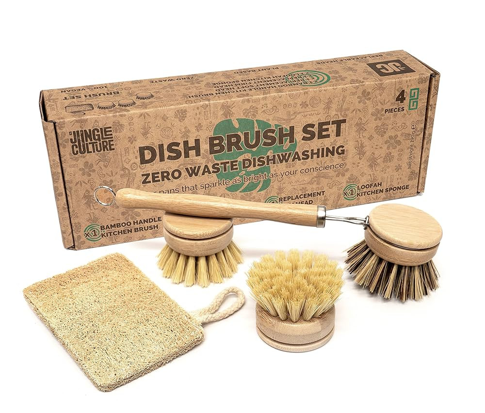 Jungle Culture 4 Piece Bamboo Dish Brush Set for Washing Up • Long Lasting Wooden Dish Brush wi... | Amazon (US)