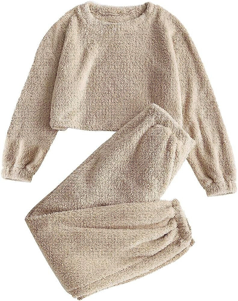 ZAFUL Women's Fuzzy Lounge Casual Pajamas Sets Long Sleeve Fleece Pullover and Pants Set 2 Piece ... | Amazon (US)