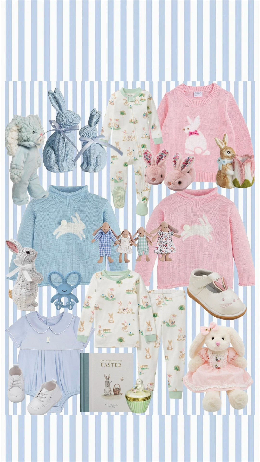 Amazon Easter finds for kids! 

The sweetest heirloom Easter finds for littles in soft blue + blush pink — think classic knits, bunny jammies, keepsake books, and the most darling plush friends. This is the kind of Grandmillennial Easter basket that becomes a tradition year after year.

Everything is linked in my LTK for your baby’s first Easter, sibling matching moments, and the prettiest spring photos. 💗💙

#LTKBaby #LTKKids #LTKSpring #EasterBasketIdeas #GrandmillennialStyle #TraditionalStyle #ClassicChildhood #HeirloomGifts #EasterOutfits #SiblingStyle #BabyStyle #SpringStyle #BunnySeason #PastelPerfection #TheBrokeBrooke

⸻

🛍 Product List
	•	Pink bunny knit sweater
	•	Blue bunny knit sweater
	•	Bunny print two-piece pajamas
	•	Bunny zip sleeper
	•	Pink floral bunny slippers
	•	White leather bunny Mary Jane shoes
	•	Classic white baby oxford shoes
	•	Blue Peter Pan collar bubble romper
	•	Blue plush bunny
	•	Pink plush bunny
	•	Heirloom bunny dolls (boy + girl outfits)
	•	Wicker bunny basket
	•	Woven bunny décor figure
	•	Ceramic bunny planter
	•	“Our Little Adventure at Easter” children’s book
	•	Blue silicone bunny teether

#LTKSpringSale #LTKKids