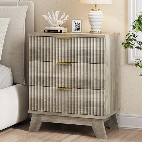 Fluted Nightstand, 24" Wide Side Table with 3 Large Storage Drawers, Mid Century Modern Wood Night Stand with Metal Handle, Wooden Bedside End Table for Bedroom, Living Room, Closet, Grey | Amazon (US)