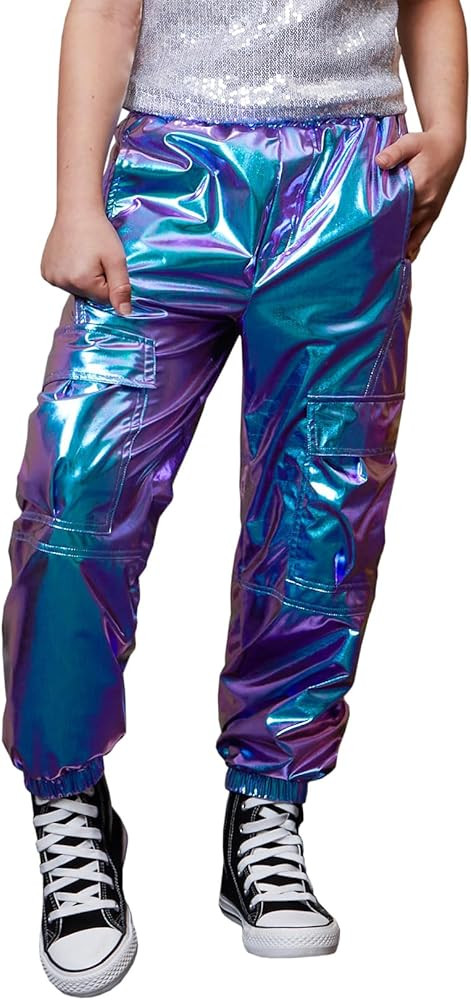 Perfashion Metallic Cargo Pants for Girls & Womens Hip Hop Dance Multi-Pocket Joggers High Waist ... | Amazon (US)