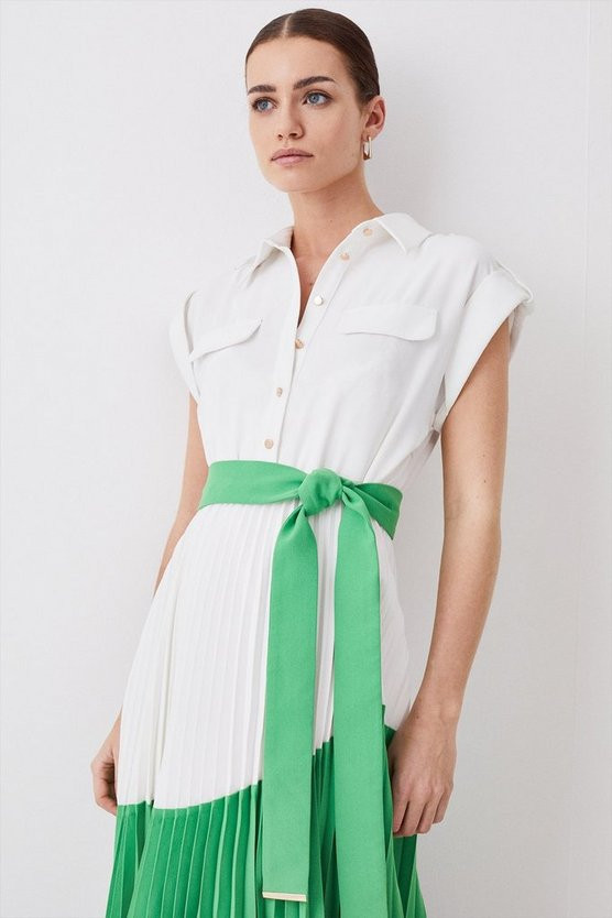 Petite Color Block Pleated Woven Midi Shirt Dress | Karen Millen US