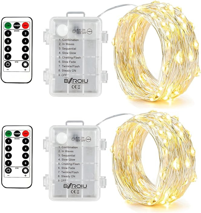 2 x Fairy Lights Battery Operated,Silver Wire Chains 8 Mode 16Ft/5Meter 50 LEDs Timer String Ligh... | Amazon (US)