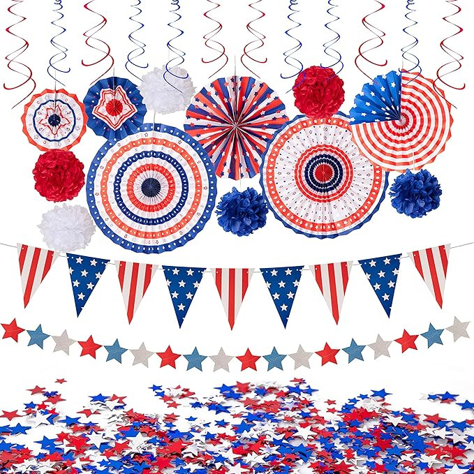29PCS 4th/Fourth of July Patriotic Decorations Set - Red White Blue Paper Fans,USA Flag Pennant,S... | Amazon (US)