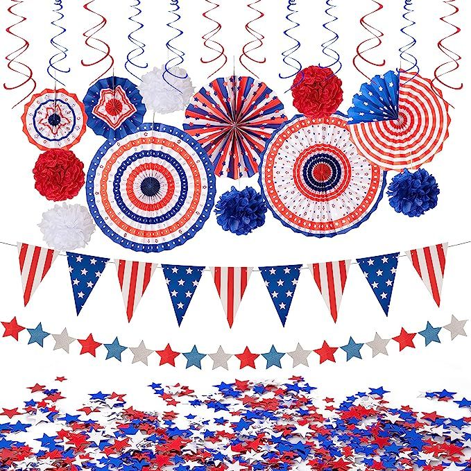 29PCS 4th/Fourth of July Patriotic Decorations Set - Red White Blue Paper Fans,USA Flag Pennant,S... | Amazon (US)